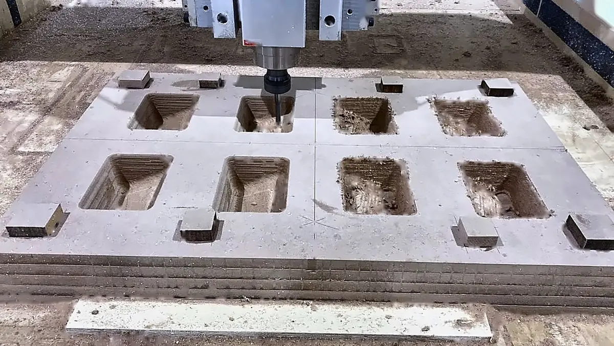 Fresadora CNC usinando cavidades em um bloco de MDF
